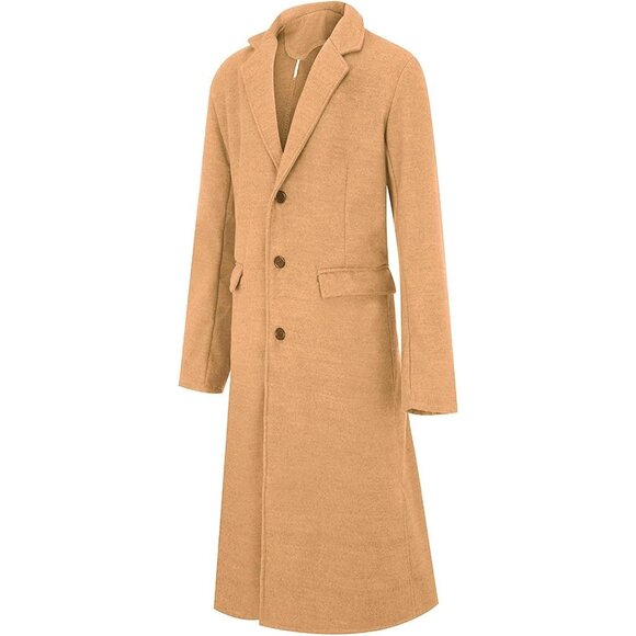 ✨Men Brown Casual Trench Coat Slim Fit Notched Collar Long Jacket Pea Overcoat - Picture 4 of 6